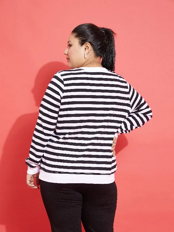 Women Black & White Fleece Striped Sweatshirt