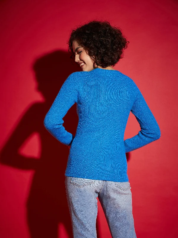 Women Blue Rib Square Neck Full Sleeves Sweater