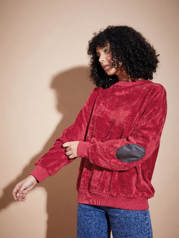 Women Maroon Elbow Patch Fur Round Neck Sweatshirt