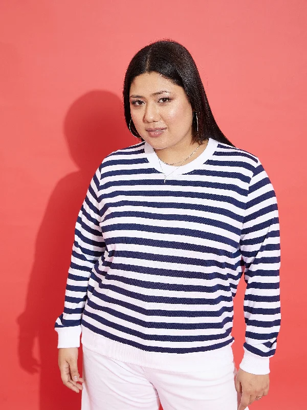 Women Navy & White Fleece Striped Sweatshirt