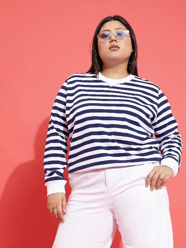 Women Navy & White Fleece Striped Sweatshirt