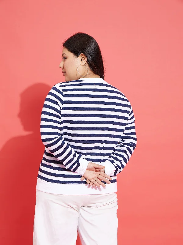 Women Navy & White Fleece Striped Sweatshirt