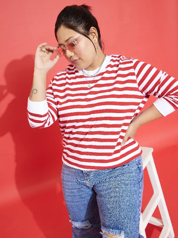 Women Red & White Fleece Striped Sweatshirt