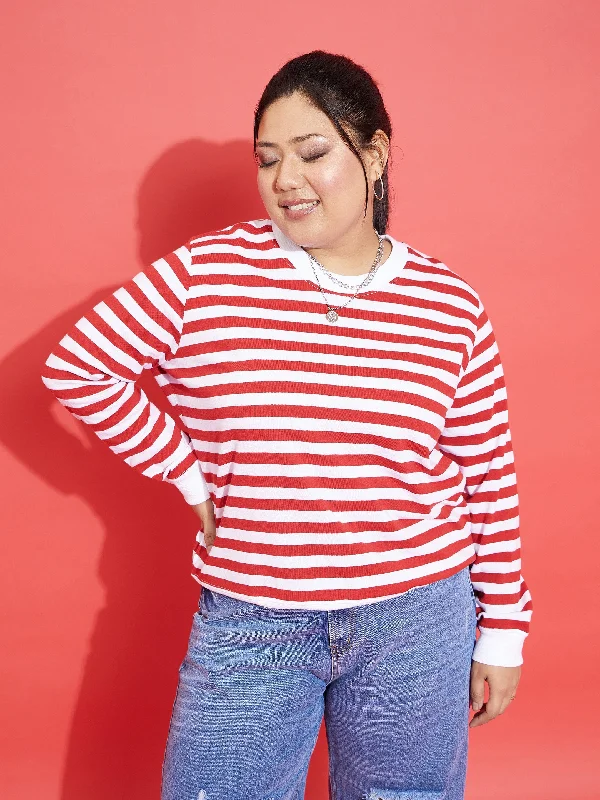 Women Red & White Fleece Striped Sweatshirt