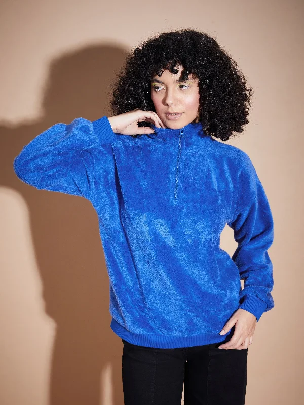 Women Royal Blue Front Zipper High Neck Sweatshirt