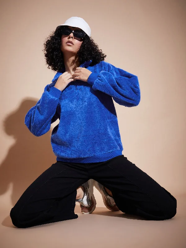 Women Royal Blue Front Zipper High Neck Sweatshirt