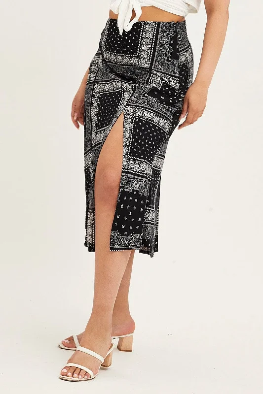 Black Boho Midi Skirt Bias Bandana Print Split