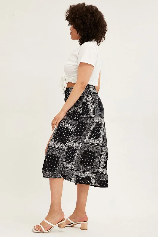 Black Boho Midi Skirt Bias Bandana Print Split