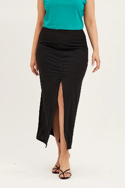 Black Drawstring Jersey Midi Skirt