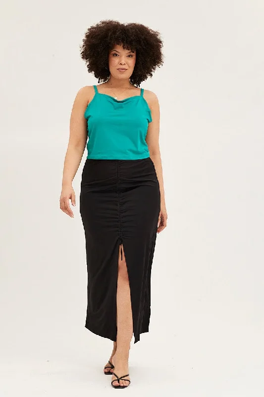 Black Drawstring Jersey Midi Skirt