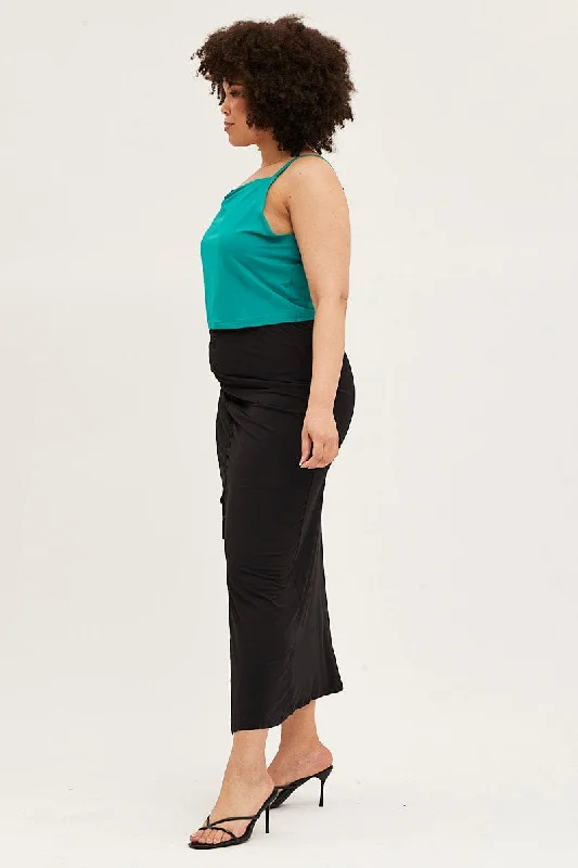 Black Drawstring Jersey Midi Skirt