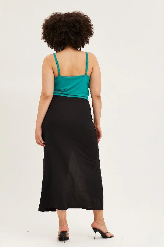 Black Drawstring Jersey Midi Skirt