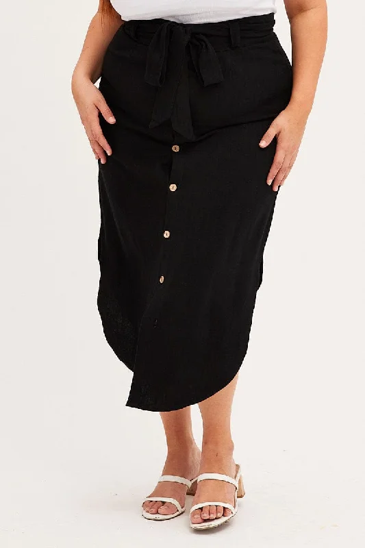 Black Midi Skirt Button Front Linen Blend