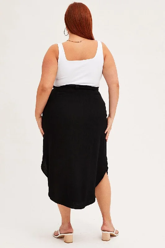 Black Midi Skirt Button Front Linen Blend