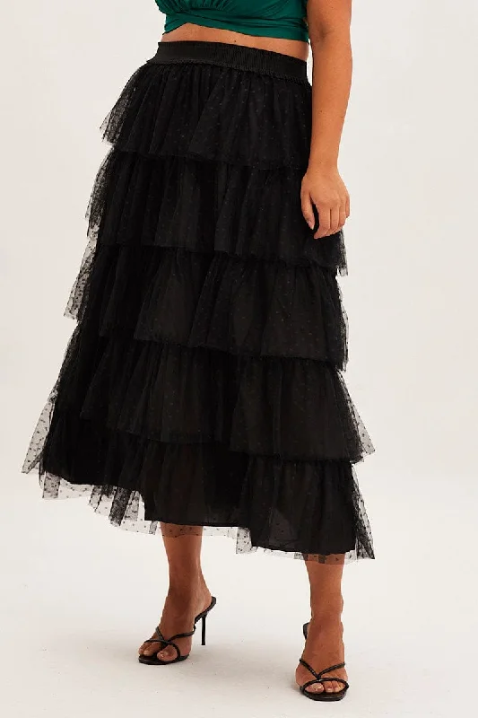 Black Midi Skirt Elastic Waist Mesh Ruffle