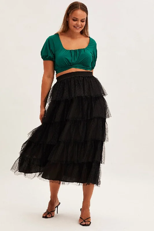 Black Midi Skirt Elastic Waist Mesh Ruffle