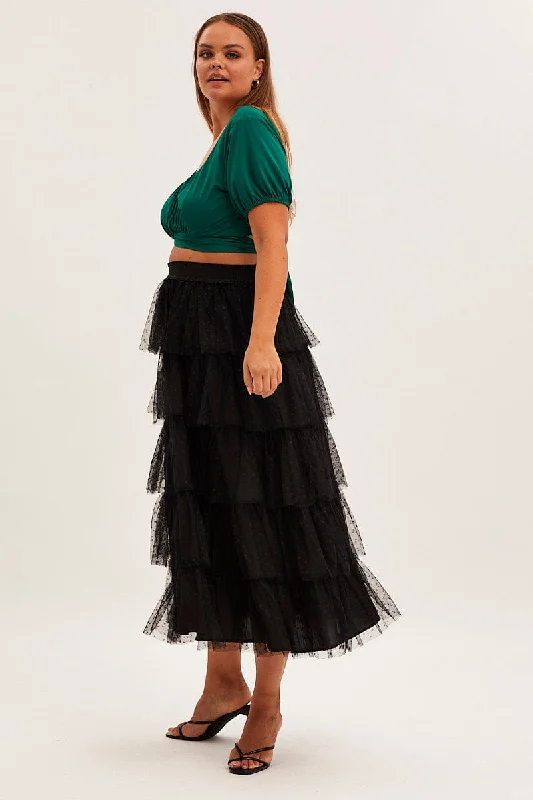 Black Midi Skirt Elastic Waist Mesh Ruffle