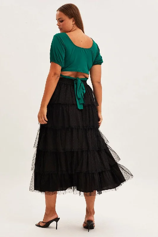 Black Midi Skirt Elastic Waist Mesh Ruffle