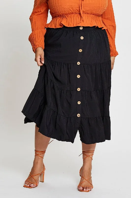 Black Midi Skirt Mock Button