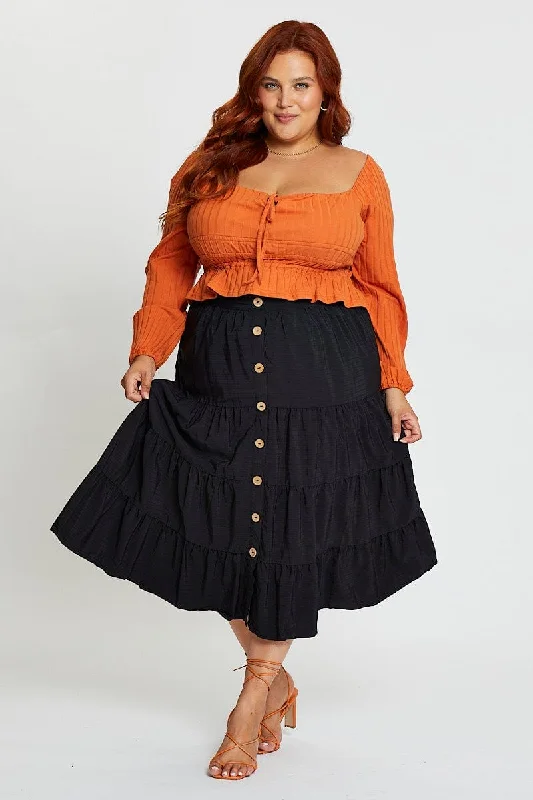 Black Midi Skirt Mock Button