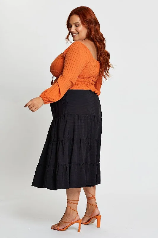 Black Midi Skirt Mock Button