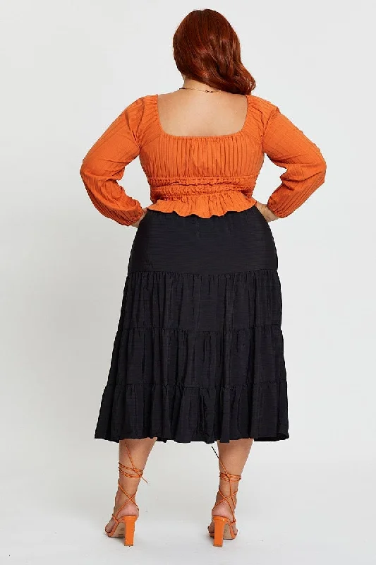 Black Midi Skirt Mock Button