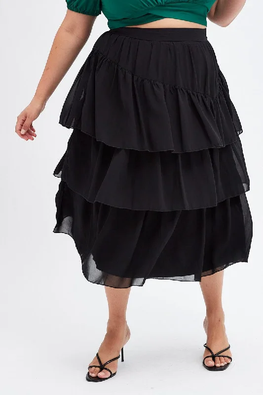 Black Midi Skirt Ruffle Hem