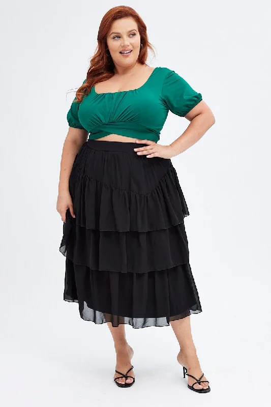 Black Midi Skirt Ruffle Hem