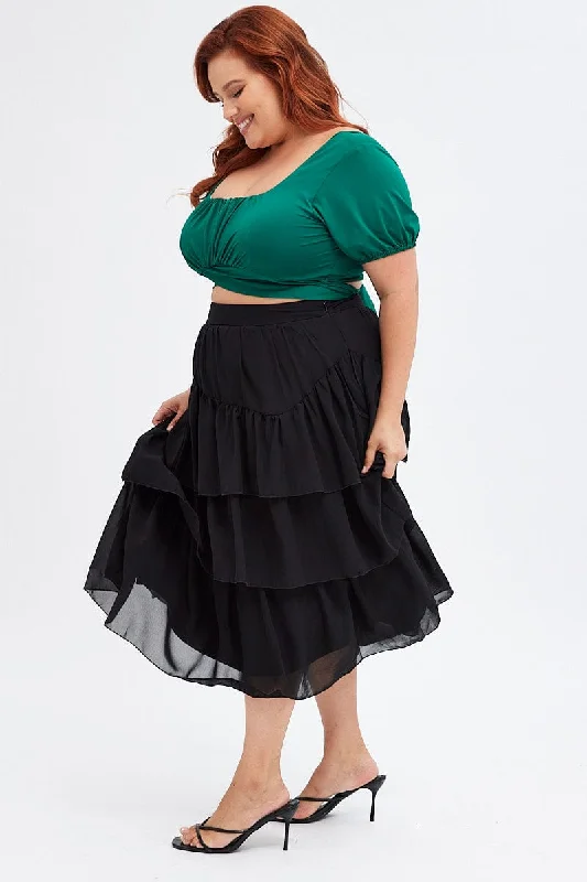 Black Midi Skirt Ruffle Hem