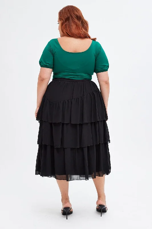 Black Midi Skirt Ruffle Hem