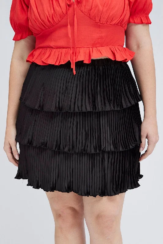 Black Mini Skirt Pleated Satin Layer