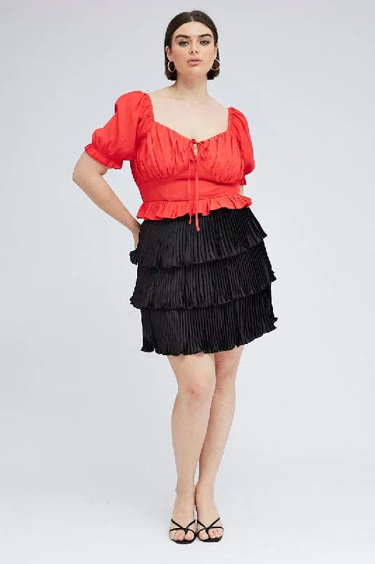 Black Mini Skirt Pleated Satin Layer