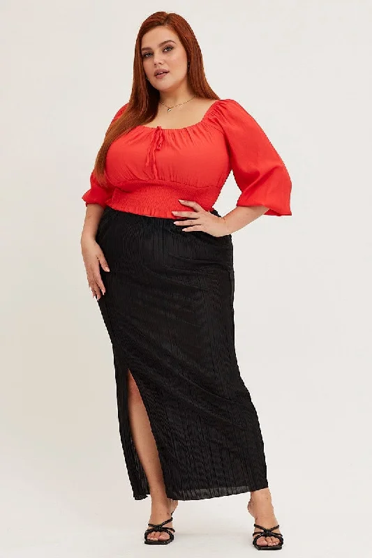 Black Plisse Split Midi Skirt