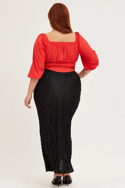 Black Plisse Split Midi Skirt