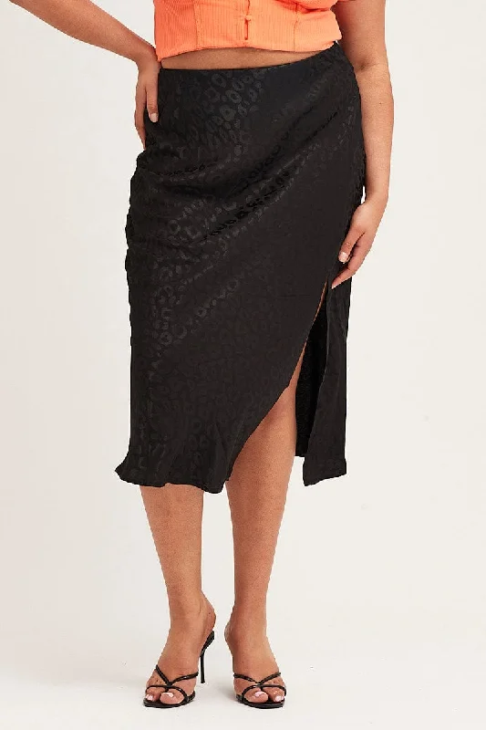 Black Slip Skirt Midi Elastic Waist Jacquard Satin