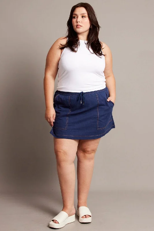 Blue Contrast Stitch Cotton Mini Skirt