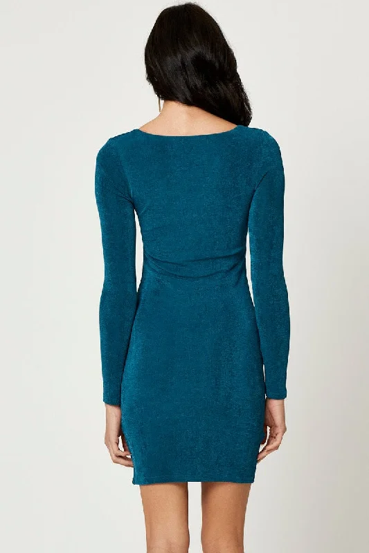 Blue Slinky Jersey Twist Front Dress