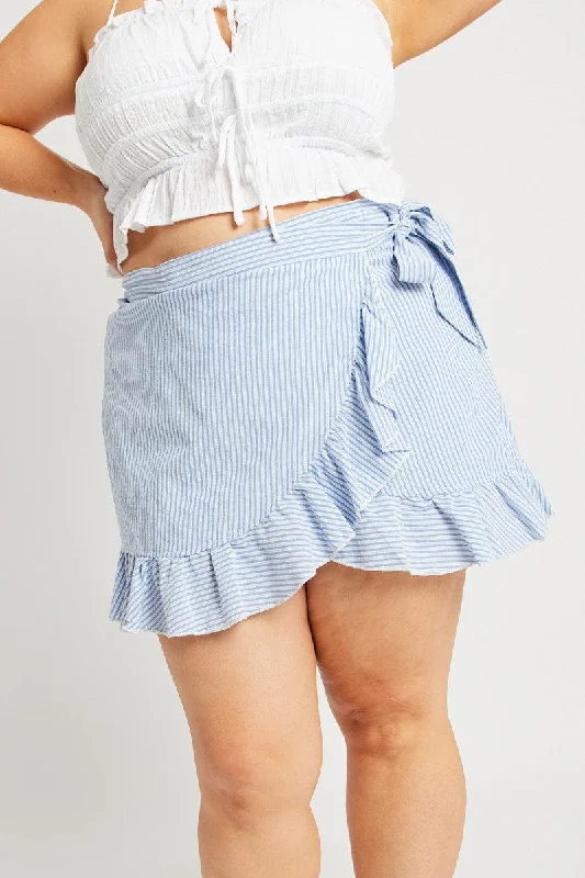 Blue Stripe Wrap Frill Miniskirt