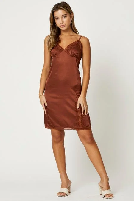 Brown Lace Trim Slip Dress