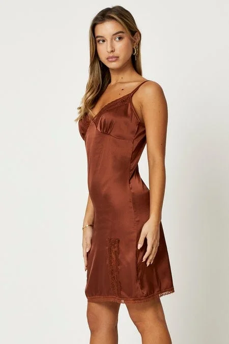 Brown Lace Trim Slip Dress