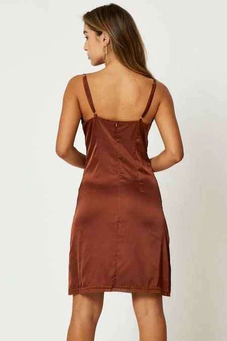 Brown Lace Trim Slip Dress