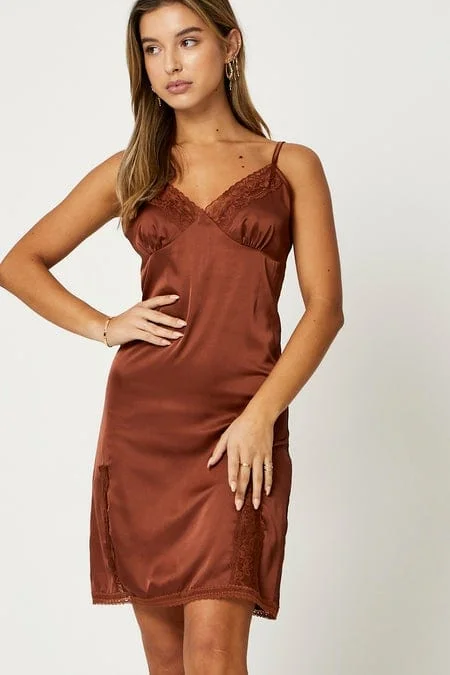 Brown Lace Trim Slip Dress