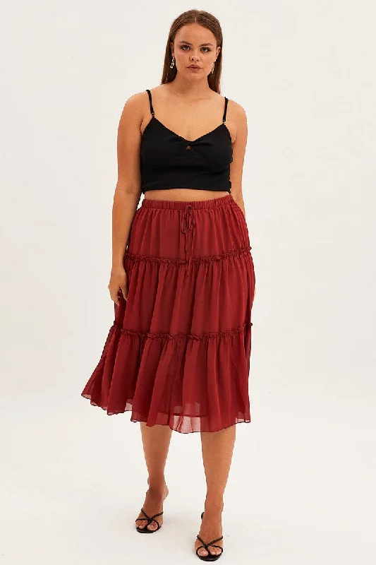 Brown Midi Skirt Elastic Waist Chiffon Frill