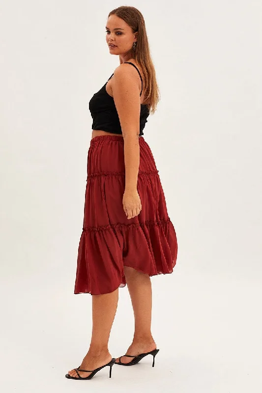 Brown Midi Skirt Elastic Waist Chiffon Frill