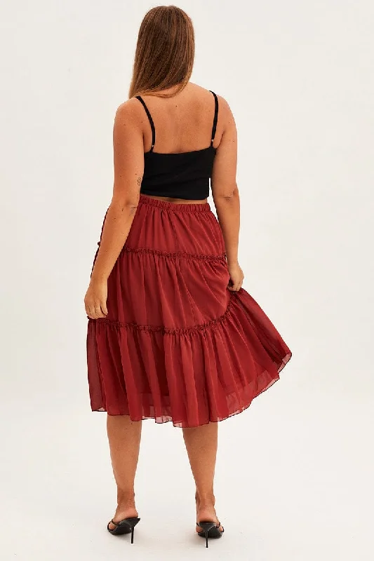 Brown Midi Skirt Elastic Waist Chiffon Frill