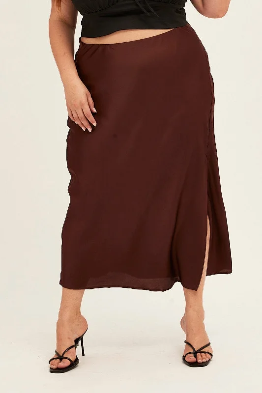 Brown Midi Skirt Elastic Waist Slit Satin