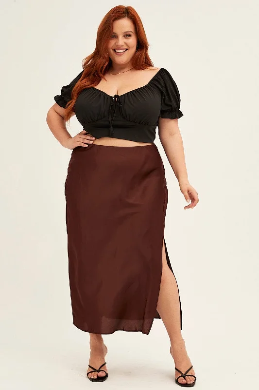 Brown Midi Skirt Elastic Waist Slit Satin