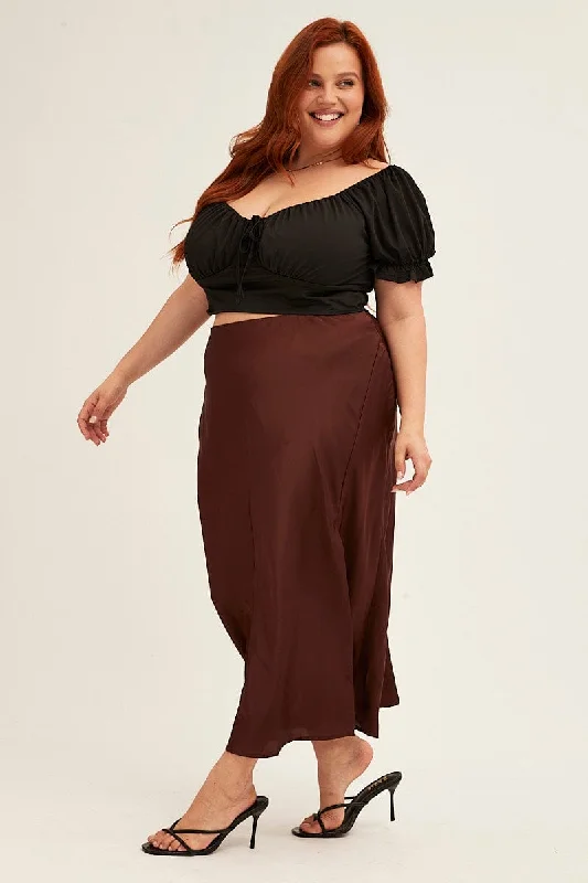 Brown Midi Skirt Elastic Waist Slit Satin