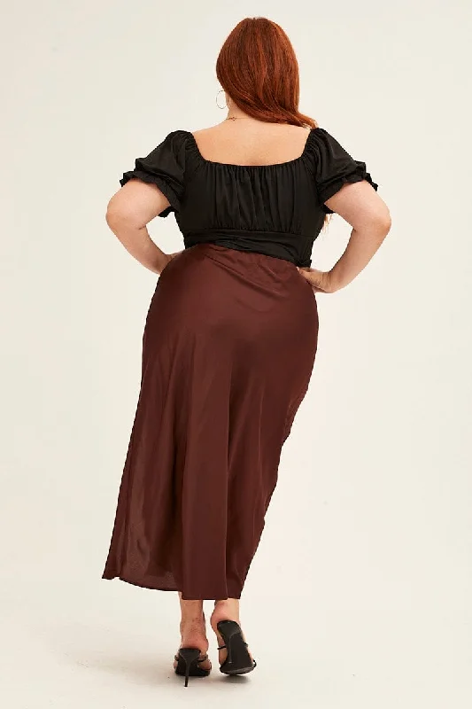 Brown Midi Skirt Elastic Waist Slit Satin