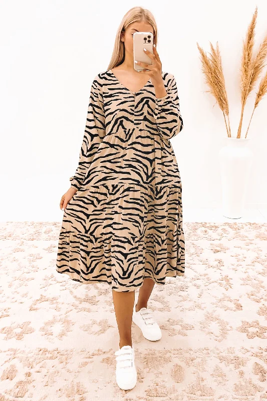 Cali Midi Dress Taupe Zebra